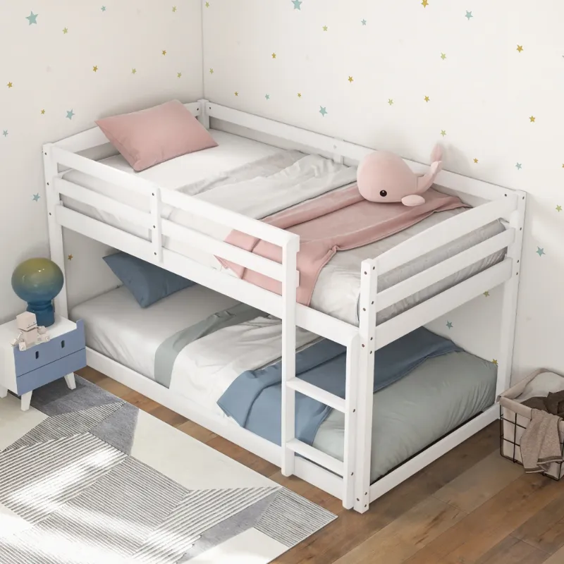 Photo 1 of  Kids Pine Wood Plywood Twin-over-Twin Bunk Bed with Guardrails & Ladder White