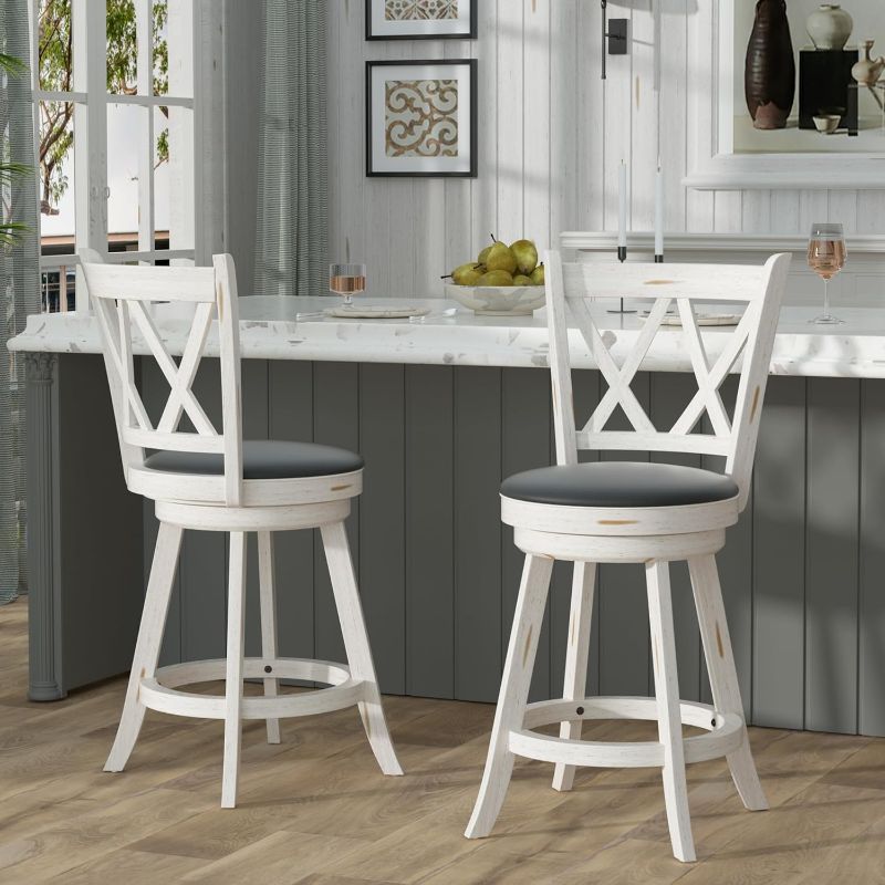 Photo 1 of 24" Counter Height Swivel Bar Stools - High Back Swivel Counter Stools with Upholstered Seat & Solid Wood Footrest, Counter Bar Chairs for Kitchen Island & Pub (Antique White, Set of 2)