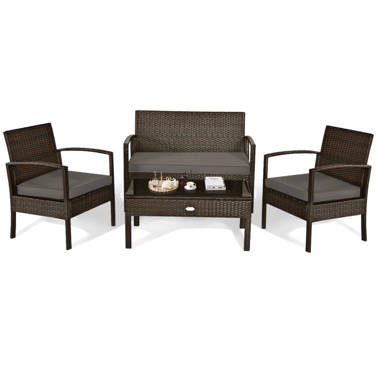 Photo 1 of 4 Pieces Patio Rattan Cushioned Furniture Set with Loveseat and Table