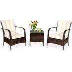 Photo 1 of 3-Piece Wicker Outdoor Patio Conversation Furniture Set Bistro Set with CushionGuard White Cushions