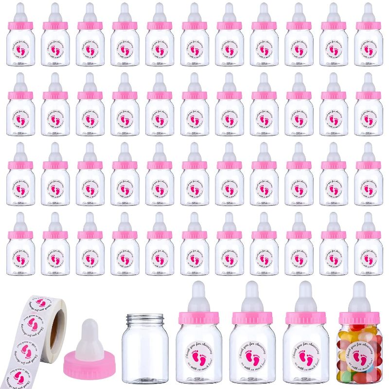 Photo 1 of 62 Pcs 3.5 Inch Baby Mini Milk Bottle Baby Shower Favor with 500 Adhesive Thank You for Showering Stickers, Small Plastic Candy Bottle DIY Gift for Boy Girl Newborn Baptism Party Decor (Pink)
