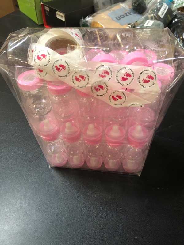 Photo 2 of 62 Pcs 3.5 Inch Baby Mini Milk Bottle Baby Shower Favor with 500 Adhesive Thank You for Showering Stickers, Small Plastic Candy Bottle DIY Gift for Boy Girl Newborn Baptism Party Decor (Pink)
