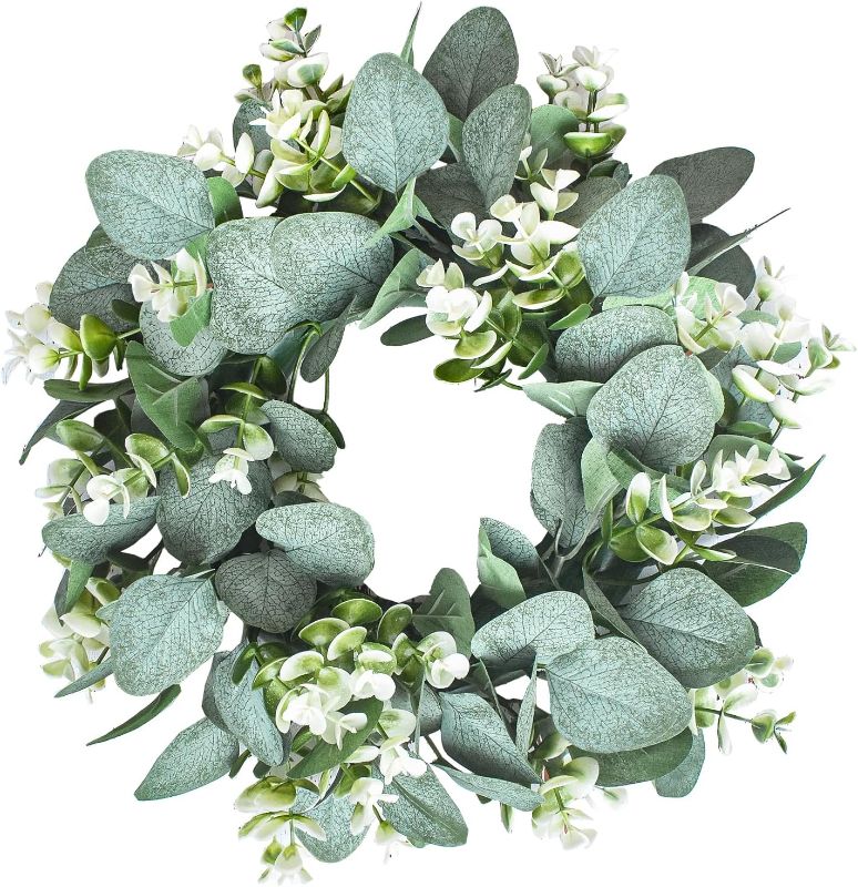 Photo 1 of 1 Pack Green Eucalyptus Wreath Round Artificial Farmhouse Wreath for Door Wall Window Decor,12Inch/PC
