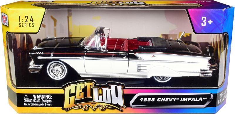 Photo 1 of 1958 Chevy Impala Convertible Lowrider Black and White with Red Interior Get Low Series 1/24 Diecast Model Car by Motormax 79025 for Unisex Adult
