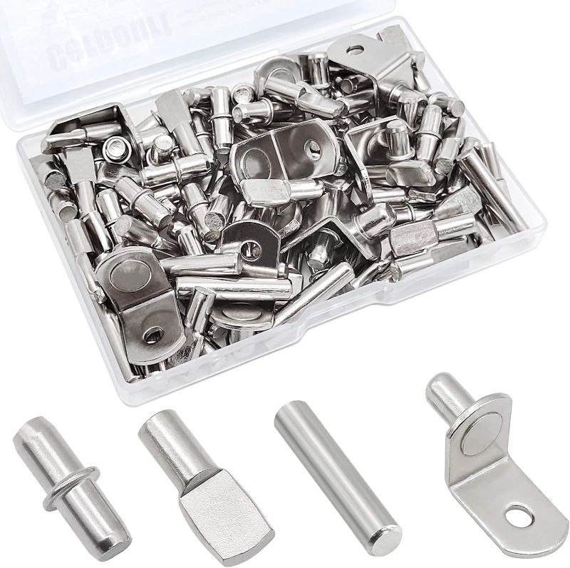 Photo 1 of 104Pcs Shelf Pins Kit,4 Styles Nickel Plated Shelf Support Pegs,Bookshelf Pegs for Shelves,Cabinet Shelf Bracket Pegs Shelf Pins Holders for Kitchen Furniture & Closet ( 5mm & 1/4inch )
