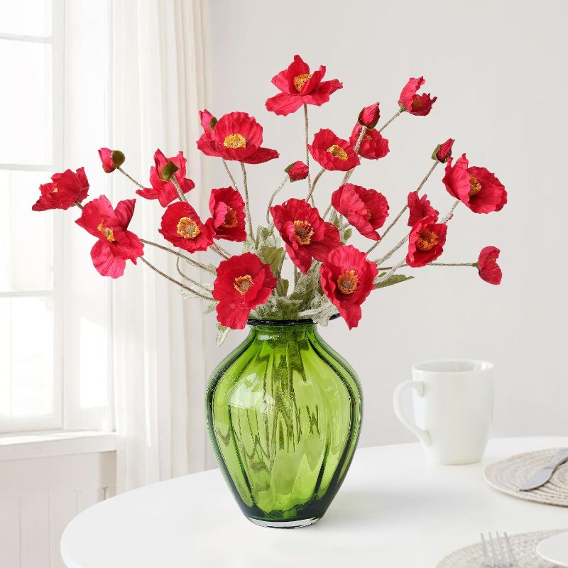 Photo 1 of Bright Poppy Red Silk Flowers, 6Pcs Lifelike Poopies Stems Artificial Flowers, Full Faux Flowers Bouquet for Table Centerpiece Kitchen Indoor Wedding Home Cemetery
