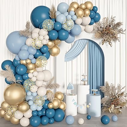 Photo 1 of 170Pcs Dusty Blue Balloons Arch Garland Kit, Baby Blue Gold White Ocean Macaron Blue Confetti Balloons for Birthday Bridal Baby Shower Boy Gender Reveal Wedding Engagement Bachelor Party Decorations
