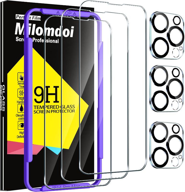 Photo 1 of 2 CT -Milomdoi 3 Pack Screen Protector for Apple iPhone 14 Pro Max with 3 Pack Tempered Glass Camera Lens Protector, Ultra 9H Accessories, Case Friendly, Mounting Frame, 2.5D Curved, Transparent