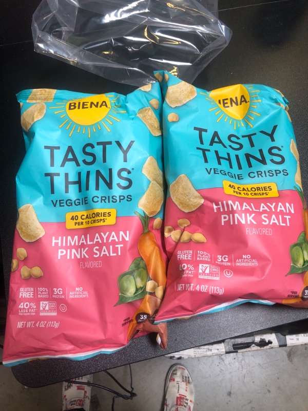 Photo 2 of 2 pack BIENA Tasty Thins Veggie Crisps - Low Calorie Veggie Chips for Adults and Kids - Individual Pack, 4 Ounce Bags - Himalayan Pink Salt exp nov 2024