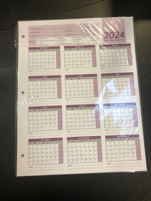 Photo 1 of Attendance Calendar Employee Card Attendance Record Tracker 2024, Heavy 100lb Cardstock Paper 8.5 x 11 inches (Purple, Pack of 25 Sheets)