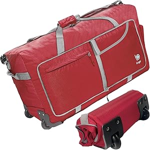 Photo 1 of Bago Rolling Duffle Bag with Wheels - 30" 100L Foldable Weekender Bag, Waterproof Travel Duffel Bag, Heavy Duty lightWeight Duffle Bag for Traveling, Rolling Duffel Bag with Wheels (Red)