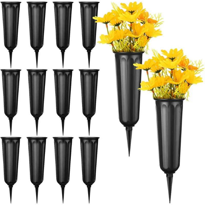 Photo 1 of 12 Pcs Cemetery Vases with Spikes Plastic Memorial Floral Vases Grave Flower Holder Cone In Ground Vases with Stakes for Lawn Headstone Graveside Decoration Artificial Fresh Flower - Black - Plastic