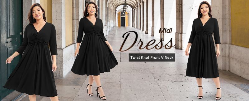 Photo 1 of 14W Pinup Fashion Women's Plus Size Twist Knot Front V Neck 3/4 Sleeve A-line Wedding Guest Midi Dress NEW WITH TAGS**