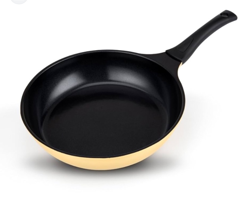 Photo 1 of Ceramic Nonstick Open Fry Pan, 11-Inch Aluminum Induction Deep Skillet PFOA Free, Even Heating Cookware, Detachable Silicone Handle, Dishwasher Safe, Yellow, Made in Korea