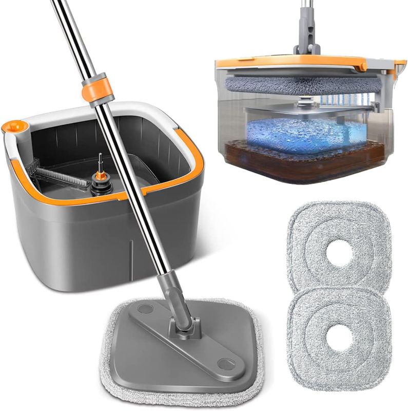 Photo 1 of Spin Mop and Bucket Set with Self Separation Dirty and Clean Water System, Square Mop Bucket Self Wringing 360° Rotating Clean Floor Mop-Head for Hardwood Tile Marble Floors
