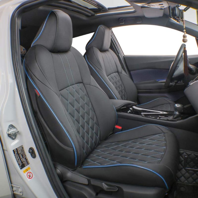 Photo 1 of EKR Custom Fit CHR Seat Covers for Select Toyota CHR 2018 2019 2020 2021 2022 2023 2024 Full Set - Leather (Black with Blue Trim)
