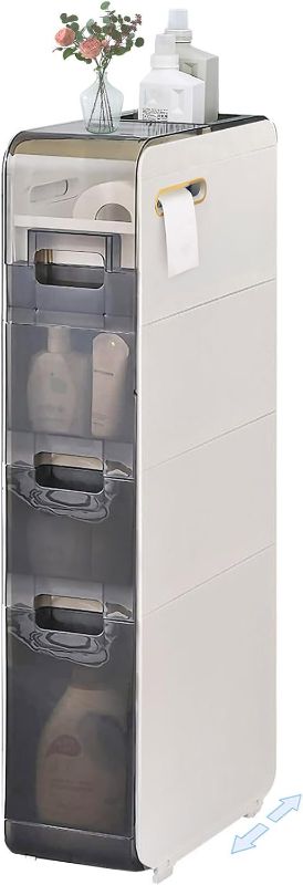 Photo 1 of 4-Tiers Bathroom Floor Storage Cabinet Narrow Slim Tall Movable Towel Organizer Side Freestanding Rolling Unit with Clear Drawers for Small Space Laundry Living Room Gap
