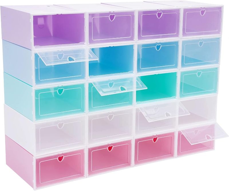 Photo 1 of 20 Pack Shoe Storage Box, Stackable Clear Plastic Shoes Organizer for Closet, Space Saving Foldable Shoe Rack Sneaker Container Bin Holder with Lids (Colorful) LIKE NEW**