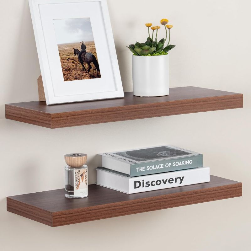 Photo 1 of Fun Memories Deep Floating Shelves for Wall, 9.3 Inch Deep Rustic Floating Shelves Set of 2, 24W x 9.3D Large Wall Shelves for Books Living Room Laundry Room Bedroom Kitchen Home Office - Walnut FACTORY SEALED**
