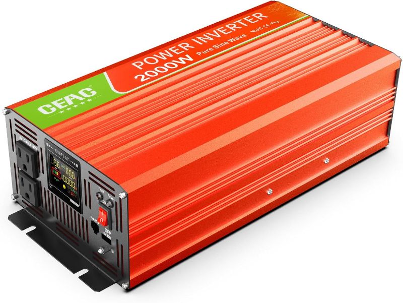 Photo 1 of 2000 Watt Pure Sine Wave Power Inverter 12V DC to 110V 120V Converter for Family RV Off Grid Solar System Car, USB Data Cable for Home, RV, Truck, Camping with Built-in 5V/2.4A USB, AC Hardwire Port
