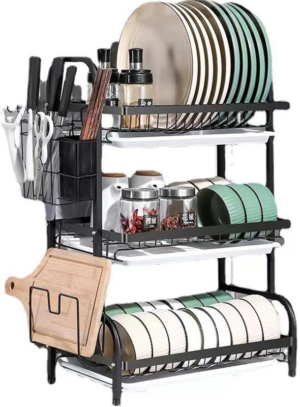 Photo 1 of 3 Tier Dish Rack for Kitchen, Dish Drying Rack with Drain Trays, Stainless Steel Dish Drainer, Multifunctional Drying Rack for Dishes with Knife Holder Cutting Board Holder, SILVER**USED
