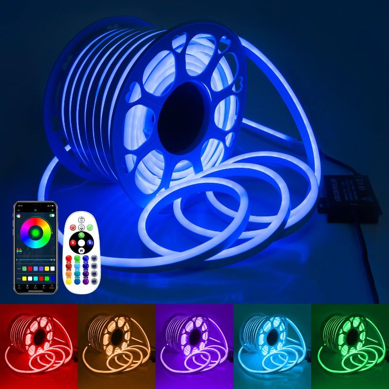 Photo 1 of Aclorol RGB LED Neon Rope Light 148FT Waterproof LED Neon Light Strip Multi Color with Bluetooth "App Remote" Music Sync AC 110-130V Neon Flexible Strip Light Dimmable for Outdoor Indoor Decor 45M
