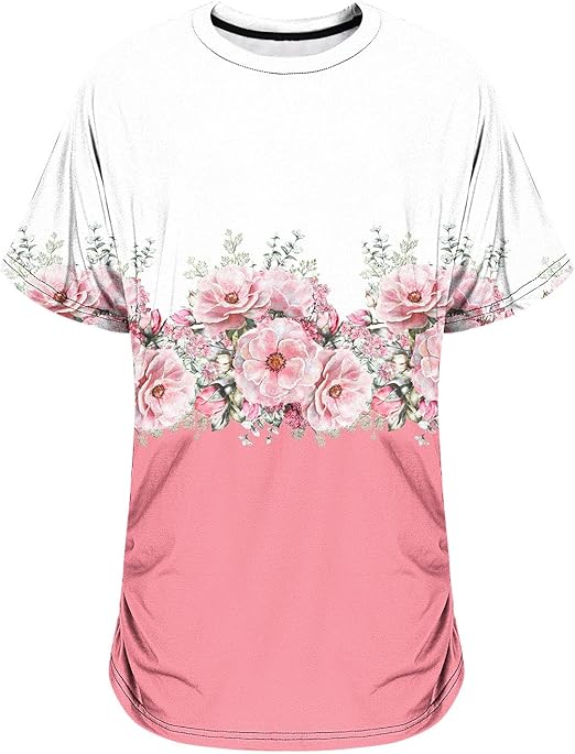 Photo 1 of 5XLGoing Vintage Boho Summer Tops for Women Round Neck Short Sleeve T-shirts Elegant Floral Loose Fit Blouses Pleated Tunics

