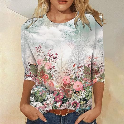 Photo 1 of 4XL Going Out Tops for Womenwomens Daisy Geometric Floral O-Neck 3/4 Length Sleeve Vintage Trendy Casual T-Shirts
