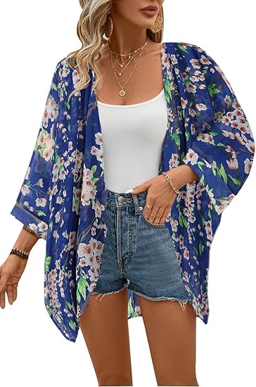 Photo 1 of 5XL Women's Floral Print Sheer Chiffon 3/4 Bat Sleeve Casual Loose Kimono Cardigan Capes