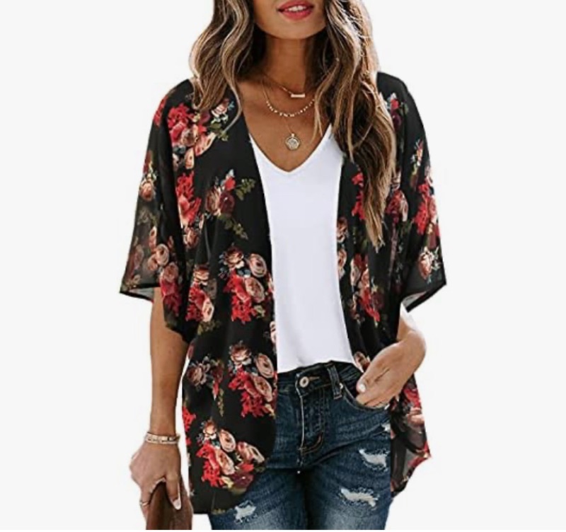 Photo 1 of 5XL Women's Floral Print Sheer Chiffon Bat Sleeve Casual Loose Kimono Cardigan Capes