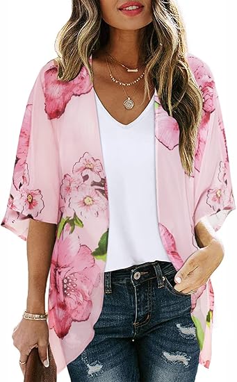 Photo 1 of 5XL Women's Floral Print Puff Sleeve Kimono Cardigan Loose Cover Up Casual Blouse Tops