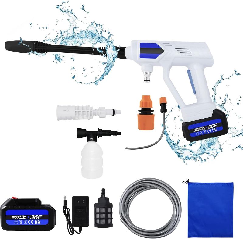 Photo 1 of Cordless Pressure Washer Car Power Washer 3-Speed Pressure 652PSI with 2pcs 3000mAh Batteries, Extension Rod, Adjustable Nozzle, 300ml Foam Pot, 16.4ft Hose with Filter and Storage Bag