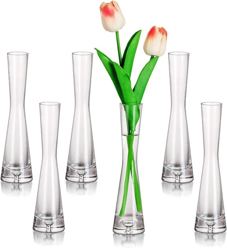 Photo 1 of Glasseam Glass Flower Bud Vase:10" Tall Skinny Vase Set of 6 Slim Single Rose Clear Vases for Centerpieces Modern Decorative Small Vases for Flowers Tulip Wedding Table Dining Room Decorations