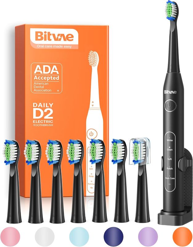 Photo 1 of Bitvae Electric Toothbrush for Adults - Ultrasonic Electric Toothbrushes with 8 Brush Heads, ADA Accepted Power Rechargeable Toothbrush with 5 Modes, Smart Timer, Black D2 FACTORY SEALED**