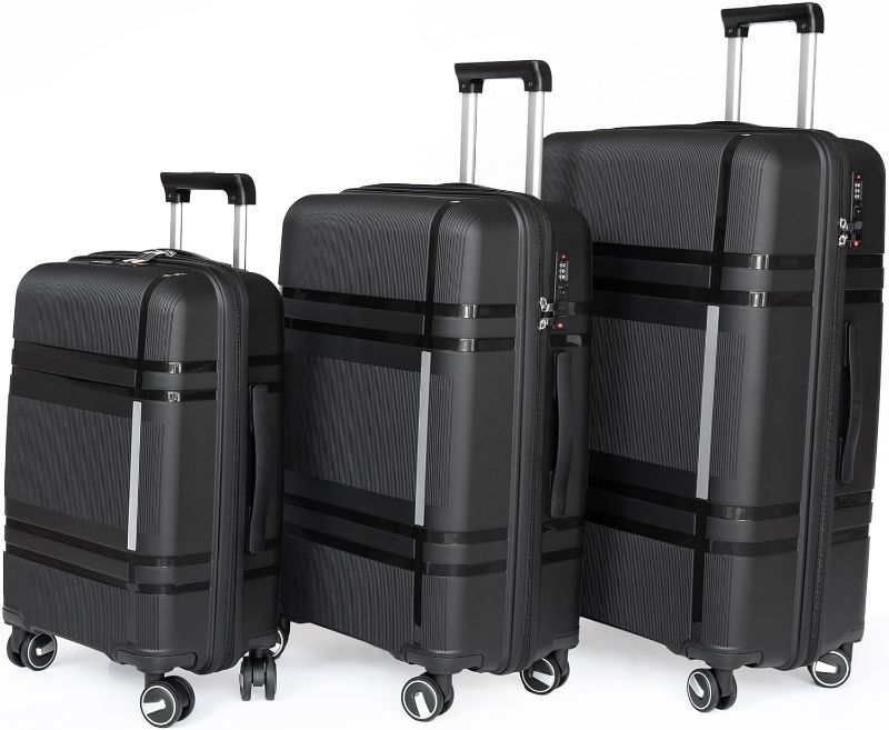 Photo 1 of 3pcs Luggage Sets Pp Lightweight Suitcase With Two Hooks, Spinner Wheels, (20/24 / 28) Black
