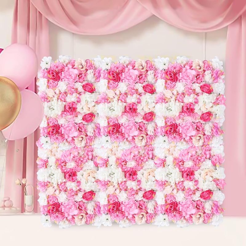 Photo 1 of 20 Pack Flowers Wall Panels Artificial Floral Wall Mat Handmade 3D Silk Rose Hydrangea Dahlia Floral Panels for Photo Background Home Party Wedding Backdrop Decoration, 24 x 16 inch (D)