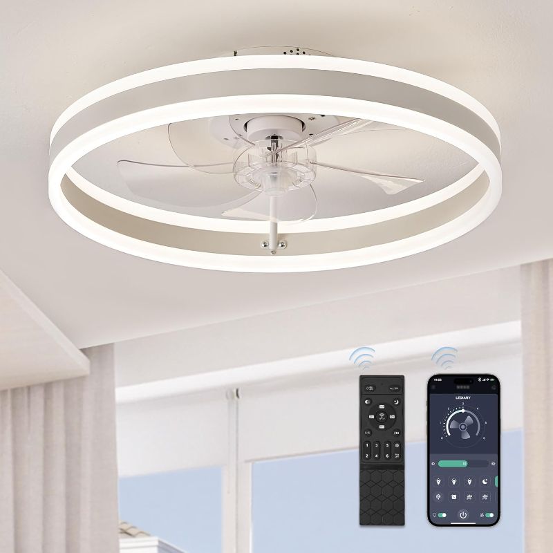 Photo 1 of Low Profile Ceiling Fans with Lights, Flush Mount Modern Ceiling Fan and Remote Control, 19.7" LED Ceiling Fans, Stepless Dimmable 3 Colors and 6 Speeds - White
