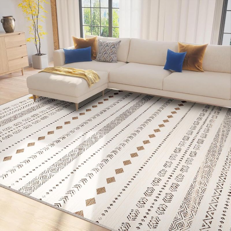 Photo 1 of Area Rug 8x10 Washable Rugs for Living Room Rug Non-Slip, Soft Moroccan Geometric Farmhouse Low Pile Design Printed Carpet for Dining Room Bedroom Office Home Decor Brown
