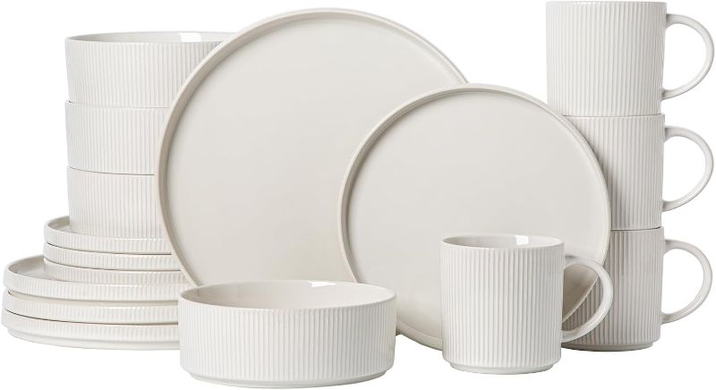 Photo 1 of MONITO Ceramic Dinnerware 16 Pieces Dinner Set,Plates Pasta Bowls Cereal Bowls Reactive Change Glaze Dish Sets, Modern Stoneware Dishes,Gift, Creamy white
