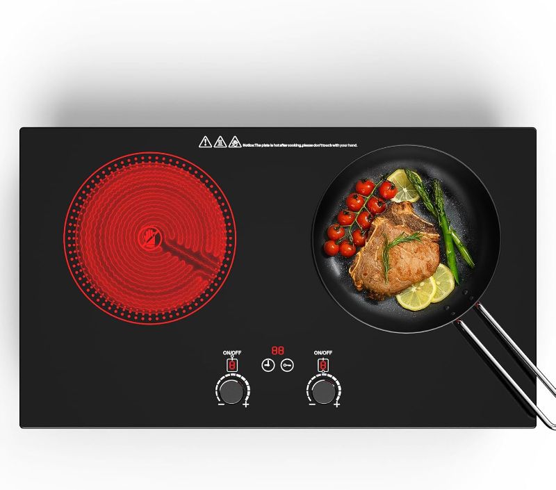 Photo 1 of Electric Cooktop,110V 2400W Electric Stove Top with LCD Touch and Knob Control,Built-in and Countertop 2 Burner Electric Cooktop with 11 Power Levels, Kids Lock & Timer,Overheat Protection.


