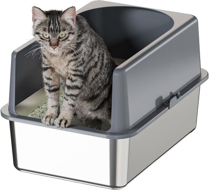 Photo 1 of High-Sided Stainless Steel Cat Litter Box,Stainless Steel Litter Box with Lid,Extra Medium Box,Easy-to-Clean Metal Litter Pan for Cats (19''L X 14''W X 12''H with Enclosure)
