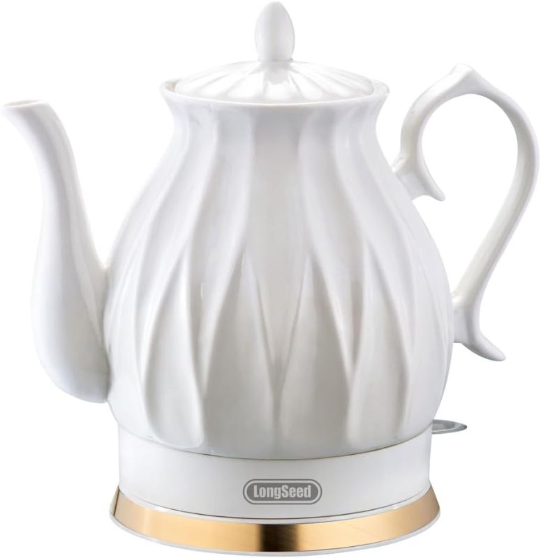 Photo 1 of Ceramic Electric Kettle Set with Infuser, and 4 Cups + Saucer, 1.5L/1200W Boil Water Quickly and Easily with Boil-Dry Protection Auto Shut Off, Detachable Swivel Base, Glazed Diamond Cut
