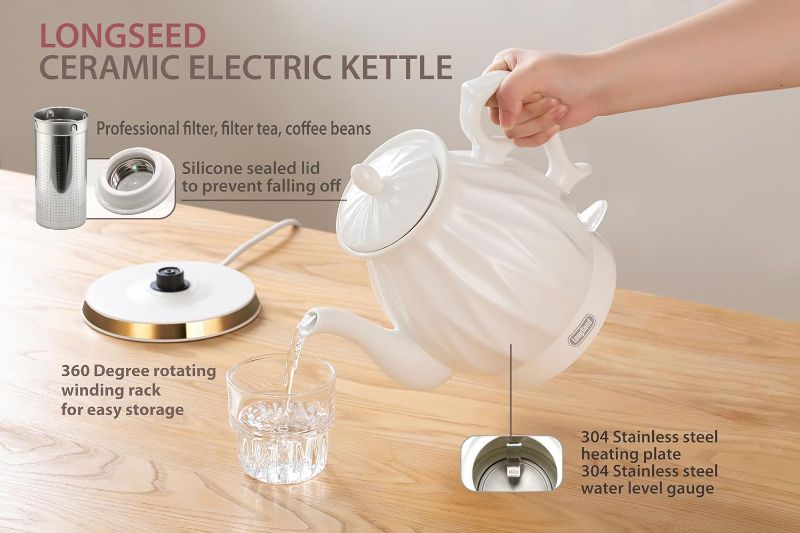 Photo 3 of Ceramic Electric Kettle Set with Infuser, and 4 Cups + Saucer, 1.5L/1200W Boil Water Quickly and Easily with Boil-Dry Protection Auto Shut Off, Detachable Swivel Base, Glazed Diamond Cut
