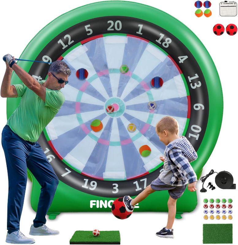 Photo 1 of Inflatable 6ft Giant Dartboard, Golf Darts Kick Darts, Soccer & Throw Darts Game with Pump, 2 Kickball, 4 Throw Balls, 20 Golf Balls, Chipping Mat, Giant Dart Board Target Yard Games
