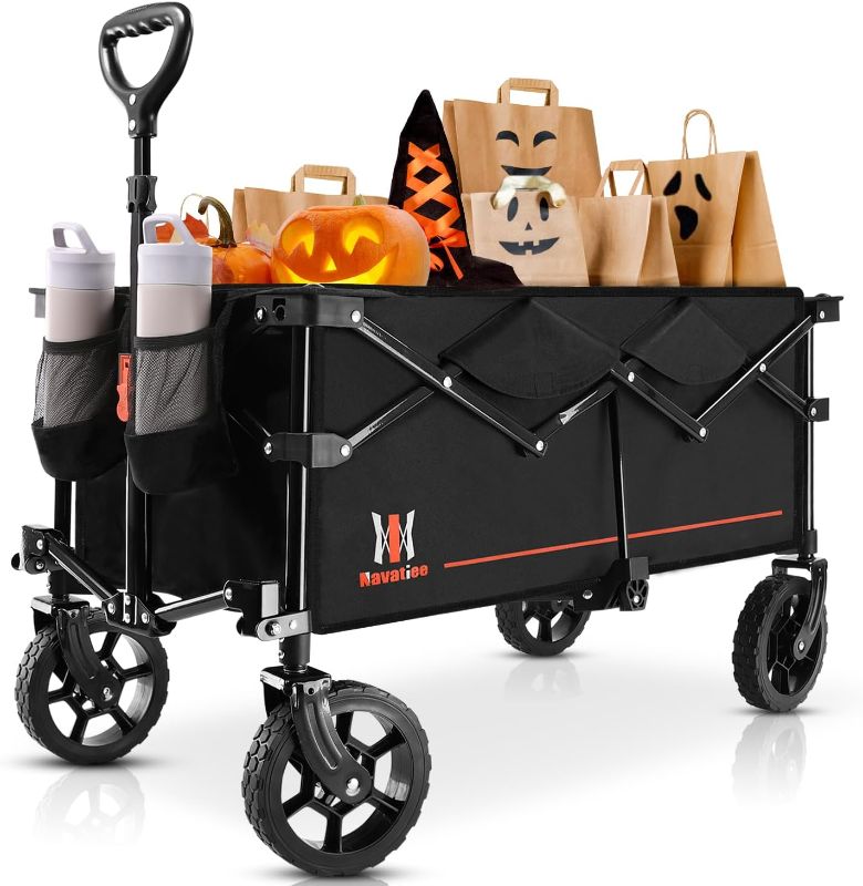 Photo 1 of Navatiee Collapsible Folding Wagon, Wagon Cart Heavy Duty Foldable with Two Drink Holders, Utility Grocery Wagon for Camping Shopping Sports, S2, Black
