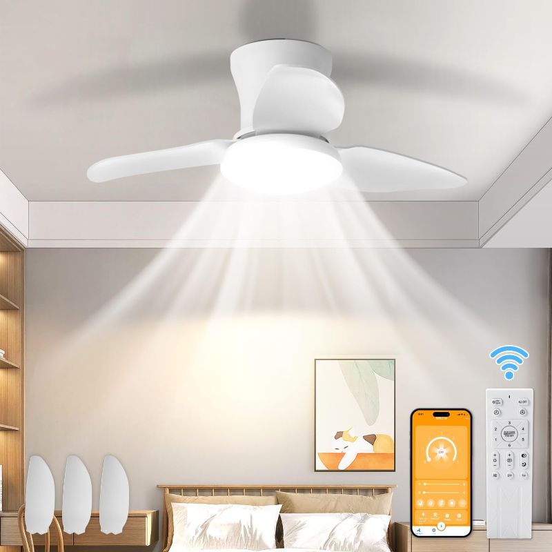 Photo 1 of 39 Inch Ceiling Fans with Lights, Dimmable 3 Colors Quiet Ceiling Fans with Lights and Remote APP, Timerable Black Ceiling Fan for Bedroom Living Room Kitchen Dining Room