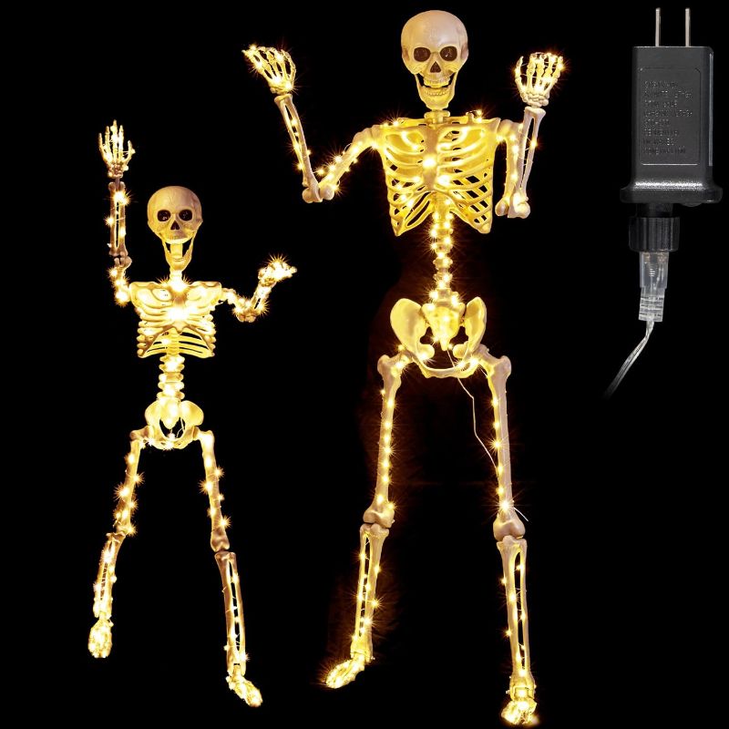 Photo 1 of 2 Pack(1×5.5Ft+1×40Inch) Lighted Light Up Halloween Skeleton Pose-N-Stay Life Size Full Body Posable Movable Jonints for Halloween Decoration Décor
