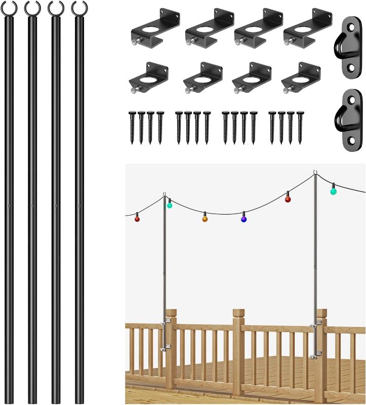 Photo 2 of 4 Pack 6.5FT Stainless Steel String Lights Pole Bracket/Holder with 2 Wall Hooks for Deck Railing Wood Posts (Black)
