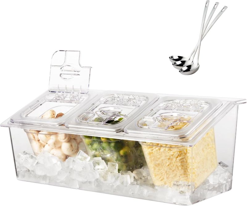 Photo 1 of CURTA Ice Chilled Condiment Caddy with 3 Large Containers Each with 9.6 Cup Capacity, Polycarbonate, NSF Listed, 6" 1/6 Food Pan & Lid, Countertop Holder for Topping, Freezer Safe
