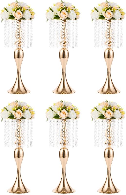 Photo 1 of 6 Pcs 21.3 inches Tall Crystal Flower Stand Wedding Road Lead Tall Flower Holders Centerpiece Crystal Flower Chandelier Metal Flower Vase for Reception Tables Wedding Supplies
